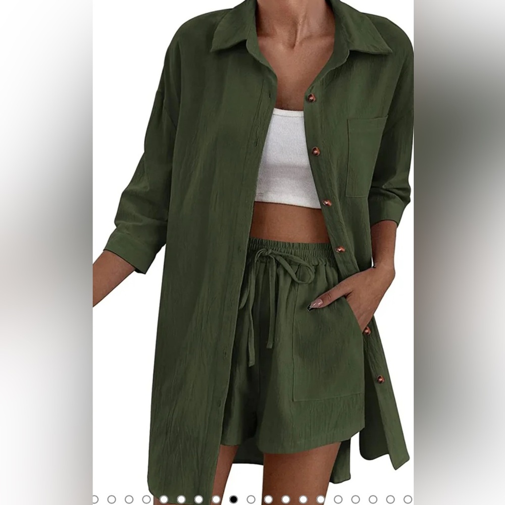Olive Green Button-Up Shirt and Shorts Set